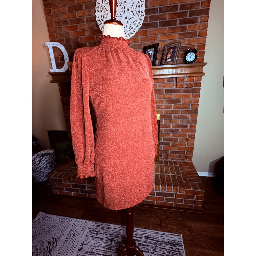Vernacular Mini Dress Womens Brick Orange Smocked Mock Neck Long Sleeve M